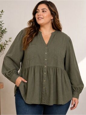🌿 Torrid Olive Green Babydoll Blouse | Size 1 (Plus) | Flowy Button Down
